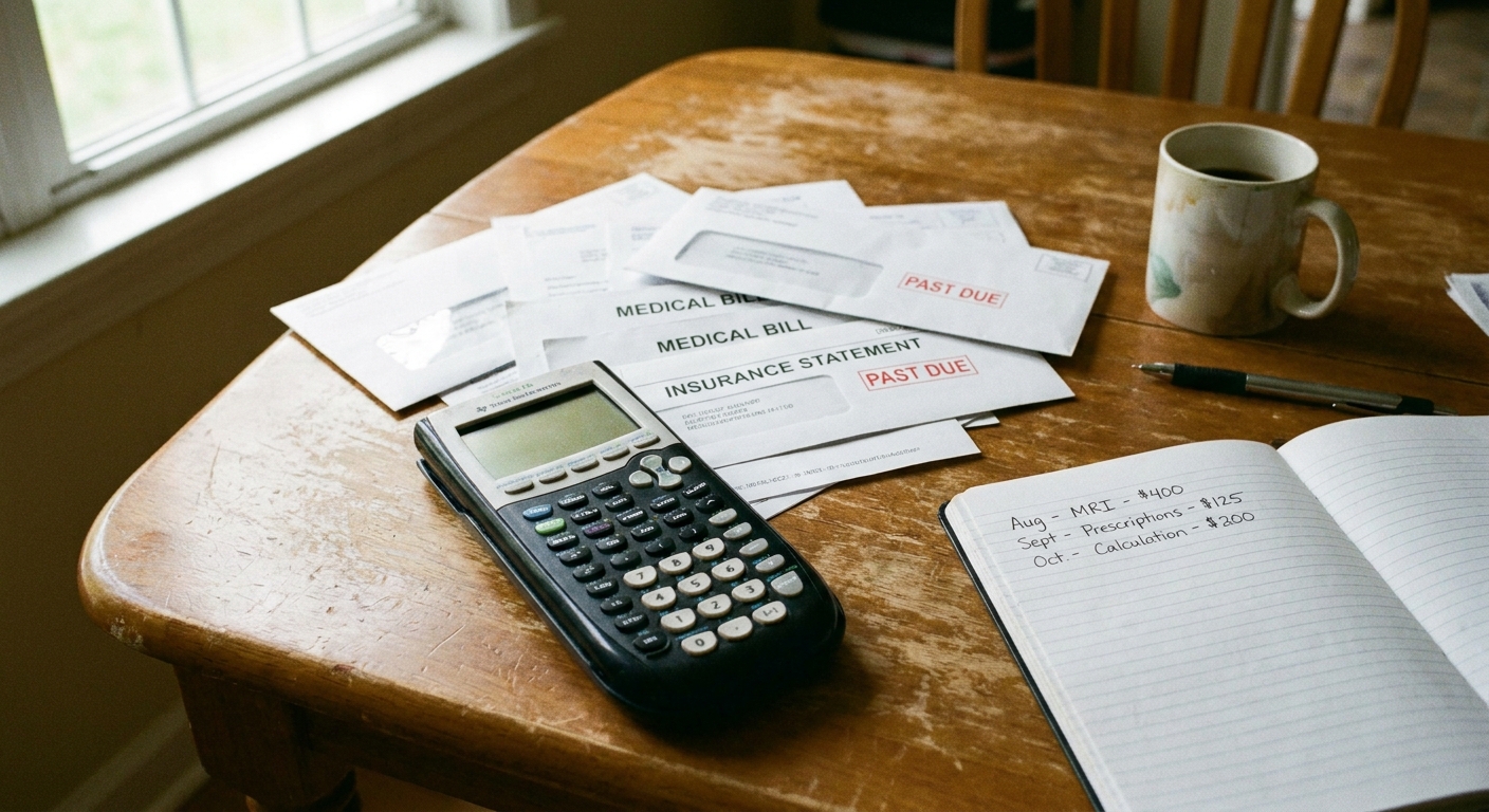 A calculator sitting on a kitchen table next to medical bills and a notebook used for tracking expenses