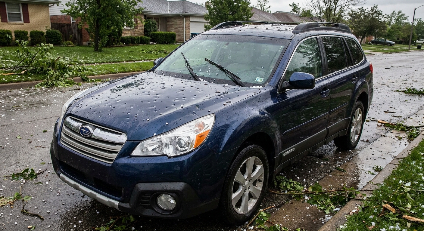 A car parked outside with visible hail dents across the hood and roof after a storm, realistic photo