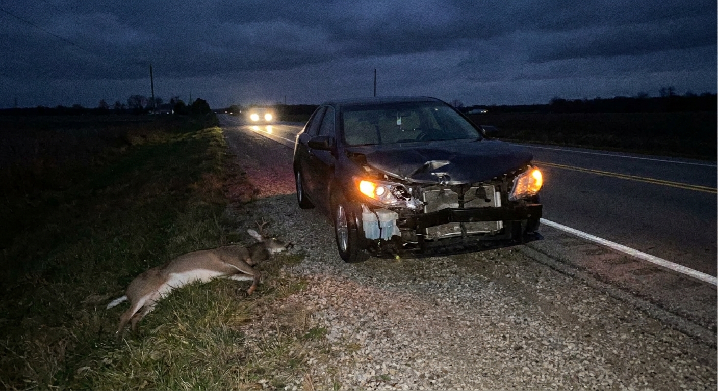 A car stopped on the shoulder of a rural highway at night with visible front-end damage after hitting a deer, realistic photo