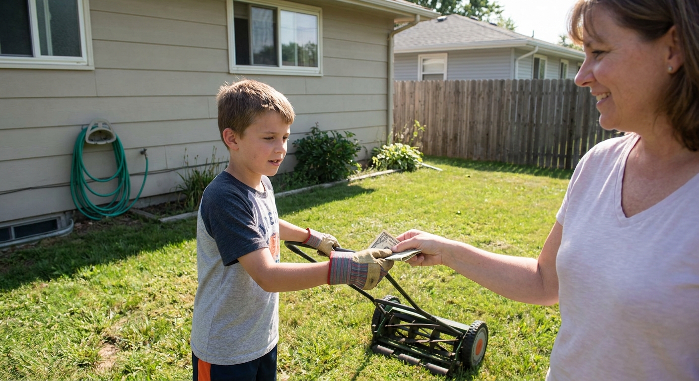 A child pushing a lawn mower in a suburban yard while a homeowner hands over cash payment, candid real-life photo