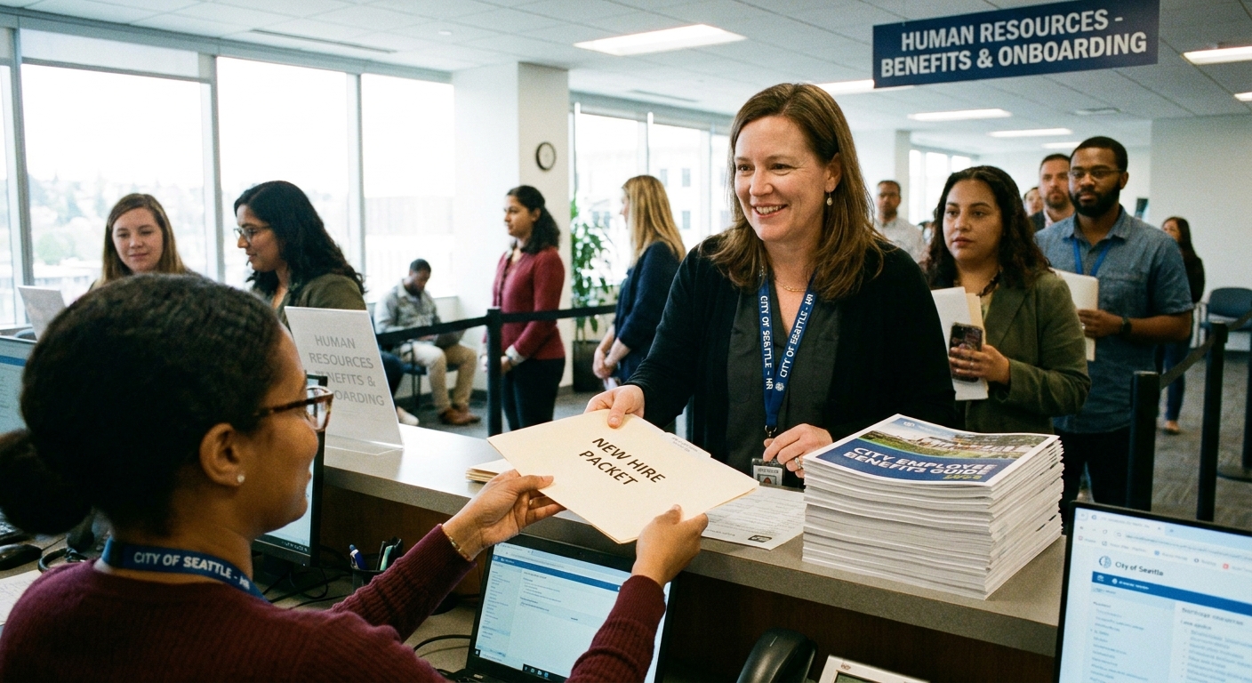A city government HR office counter with a benefits brochure stack and a staff member handing a folder to an employee, realistic photo