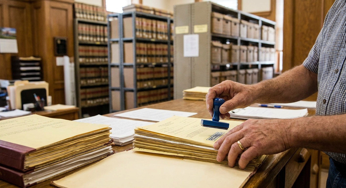 A clerk’s hands stamping and organizing recorded property documents on a counter in a county records office, shallow depth of field, real photo style