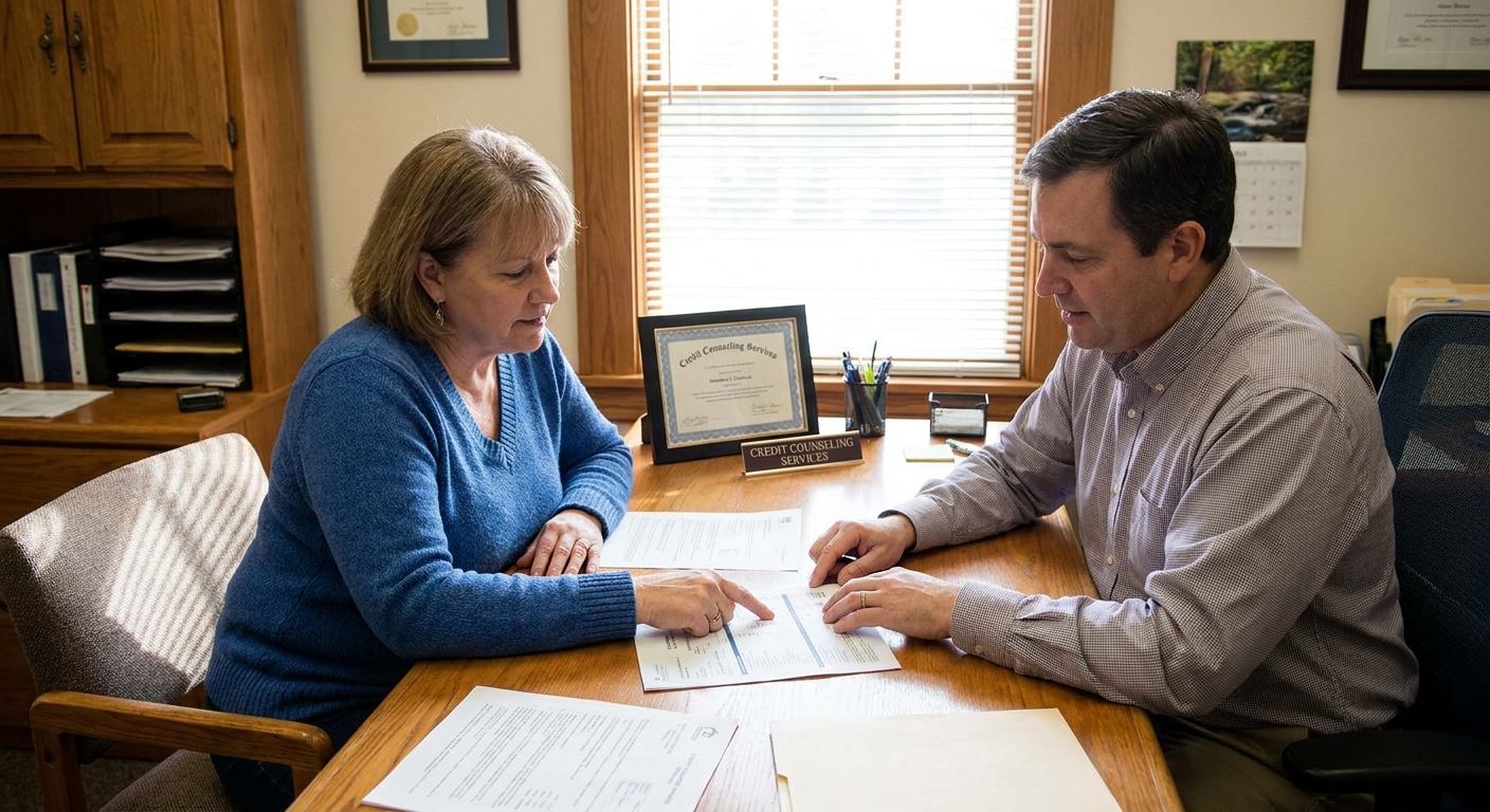 A client sitting across from a credit counselor in a small office, reviewing paperwork together in a calm, professional meeting, realistic photo