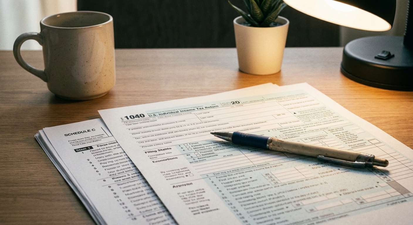 A close-up photo of IRS tax forms and a pen on a tidy desk, realistic office lighting