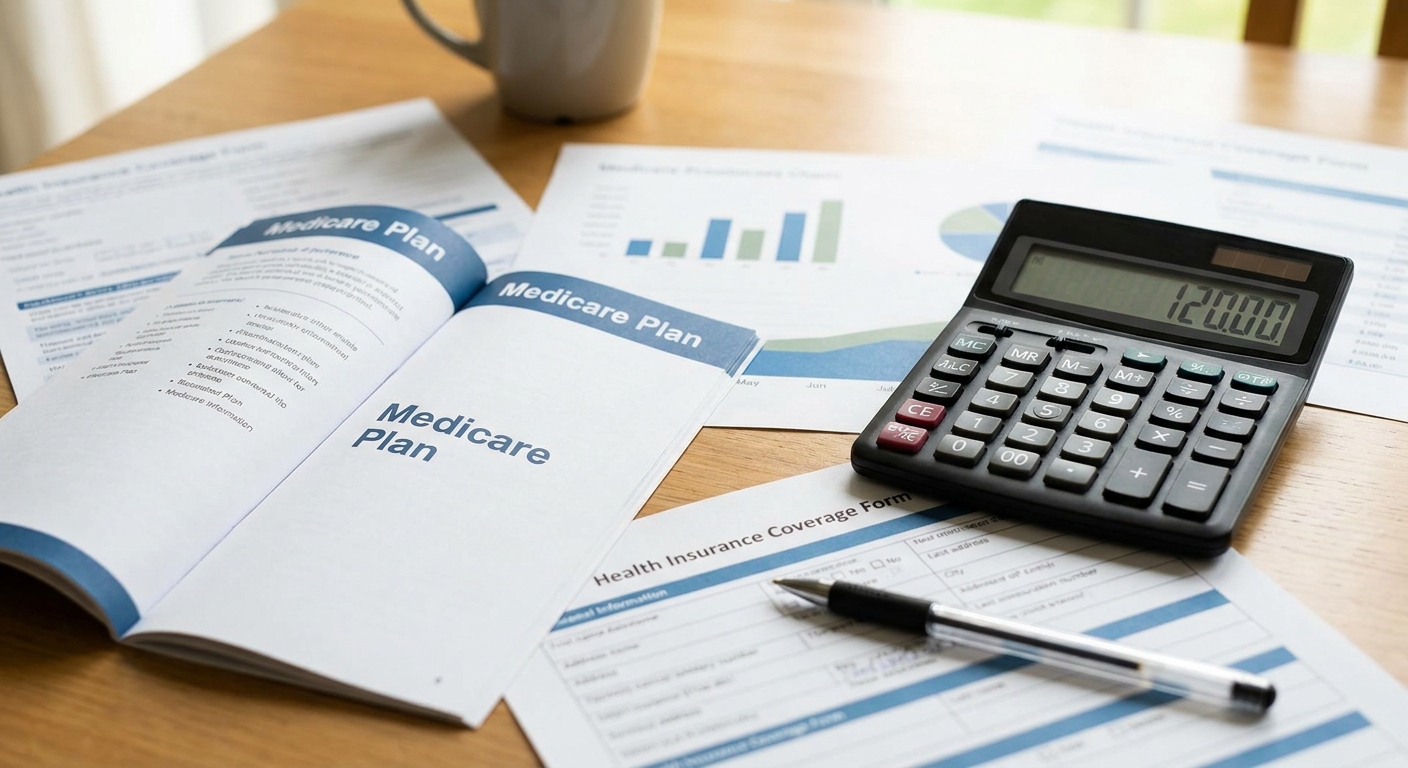 A close-up photo of Medicare plan documents, a calculator, and a pen spread out on a kitchen table in natural light