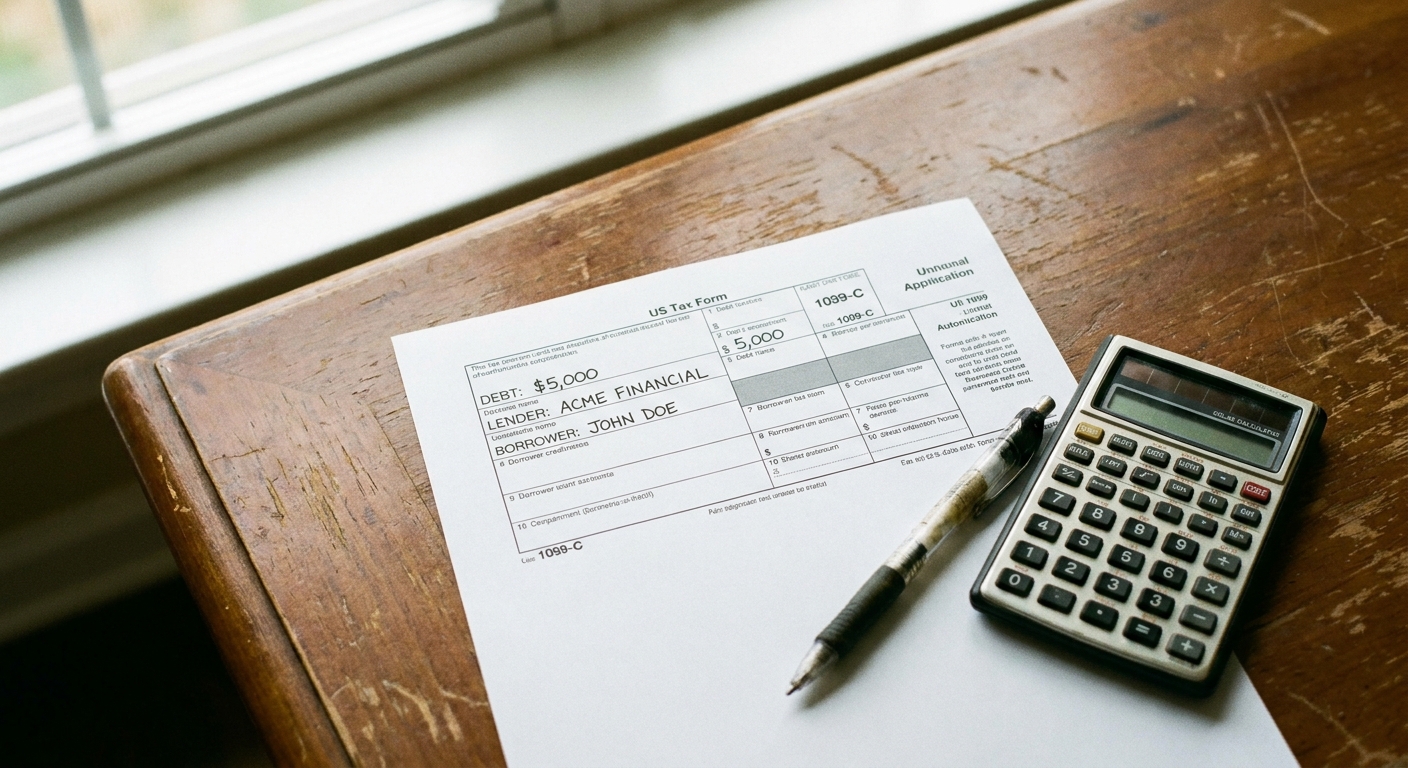 A close-up photo of a 1099-C tax form on a wooden desk next to a pen and a calculator, realistic office lighting