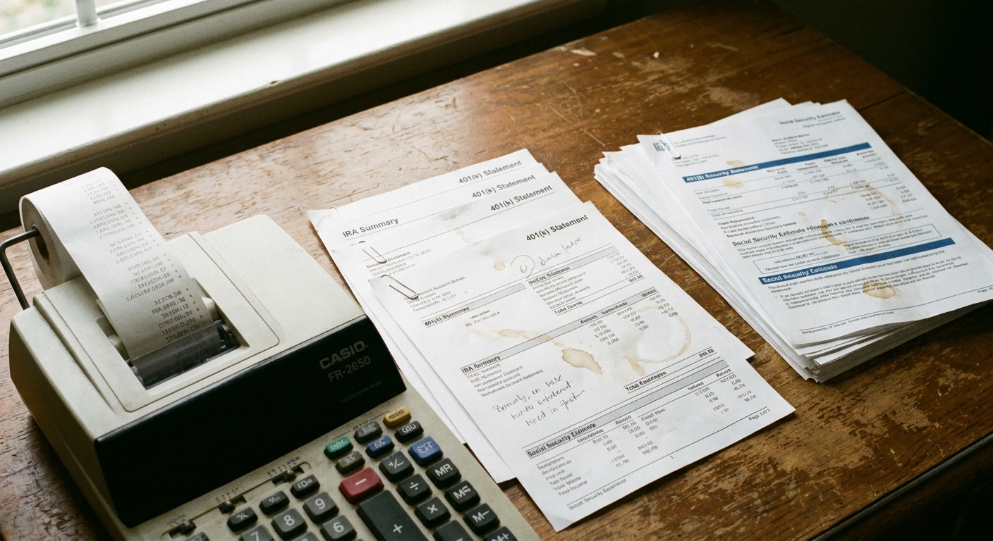 A close-up photo of a calculator next to printed retirement account paperwork on a wooden desk, realistic photography