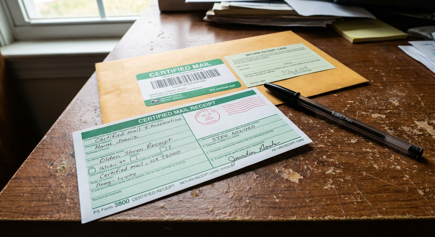 A close-up photo of a certified mail receipt and envelope on a desk with a pen next to it, realistic photography