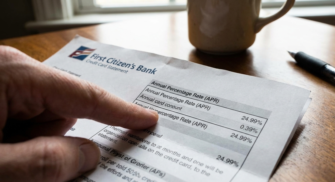 A close-up photo of a credit card statement on a table with a finger pointing near the APR section, realistic documentary photograph