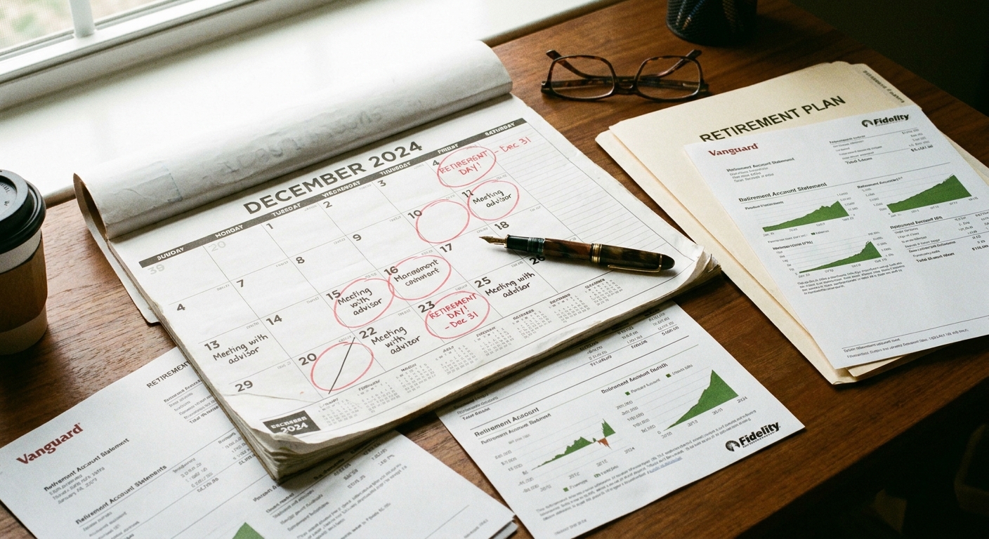 A close-up photo of a desk with a paper calendar, a pen, and retirement account statements spread out, emphasizing date planning