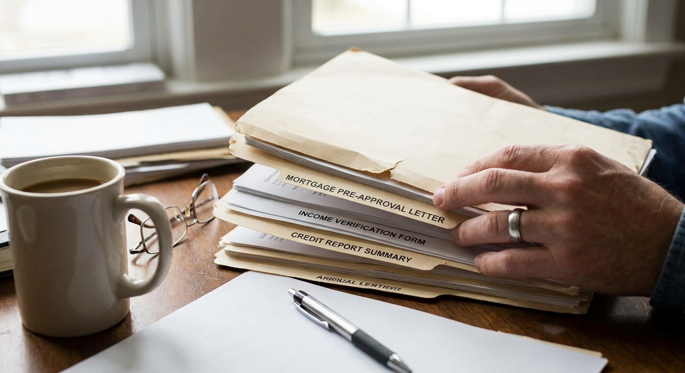 A close-up photo of a hand holding a document folder with mortgage eligibility paperwork on a desk, real-life photo