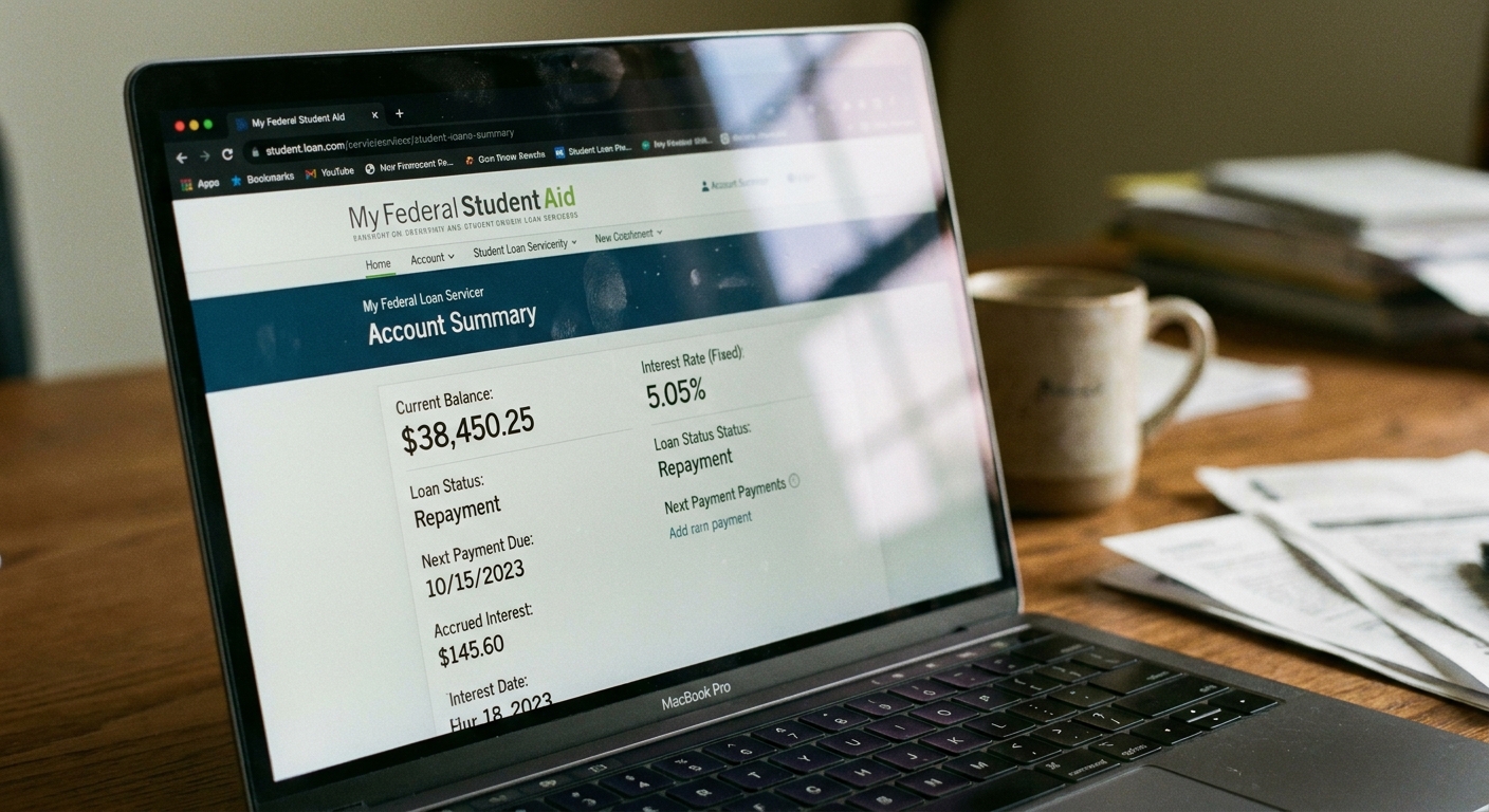 A close-up photo of a laptop screen showing a student loan servicer account page with a balance and interest rate visible, realistic photography