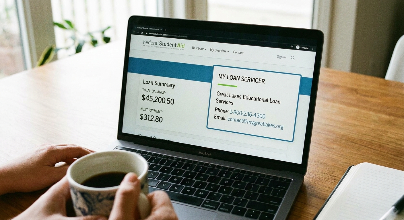 A close-up photo of a laptop showing a student loan dashboard page with servicer contact information visible, realistic screen photo