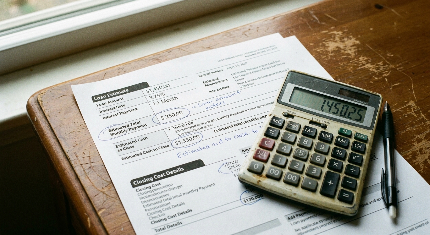 A close-up photo of a loan estimate document on a desk next to a calculator and pen, realistic lighting