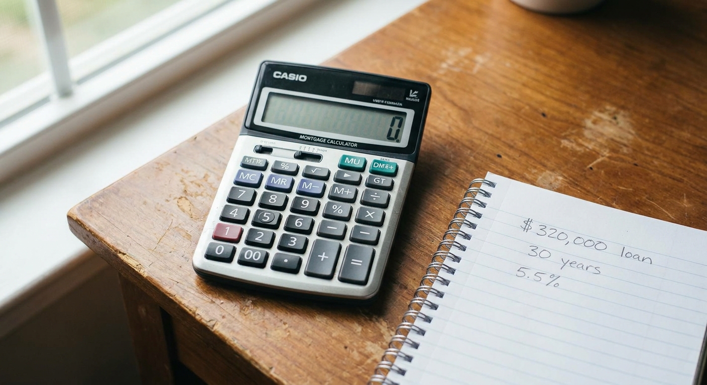 A close-up photo of a mortgage calculator and a notepad with handwritten numbers on a wooden desk, natural window light