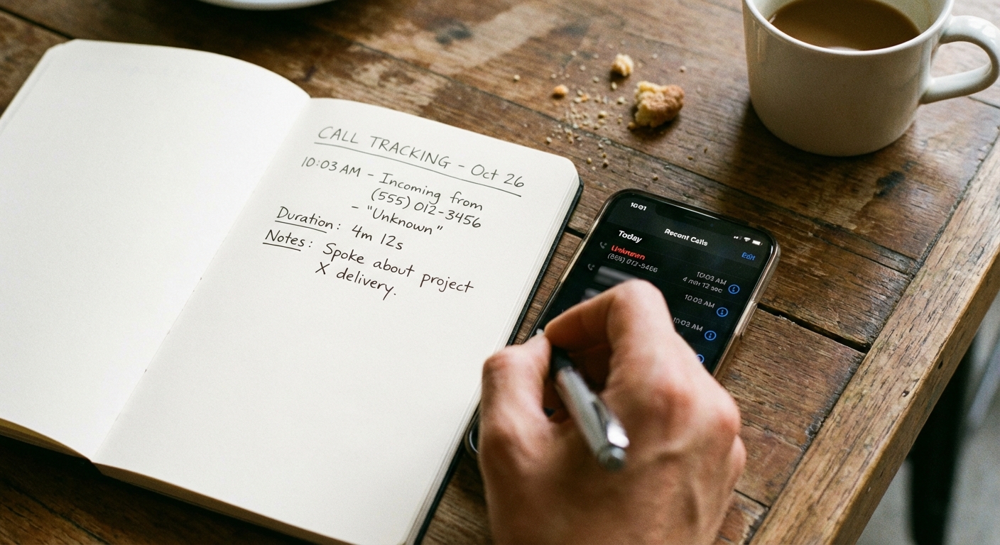 A close-up photo of a notebook with handwritten notes and a smartphone on a table, showing someone tracking a phone call, realistic photo