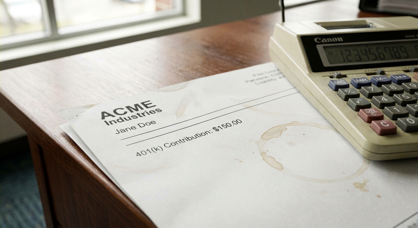 A close-up photo of a paycheck stub on a desk showing a 401(k) contribution line item, with a calculator beside it, realistic office lighting