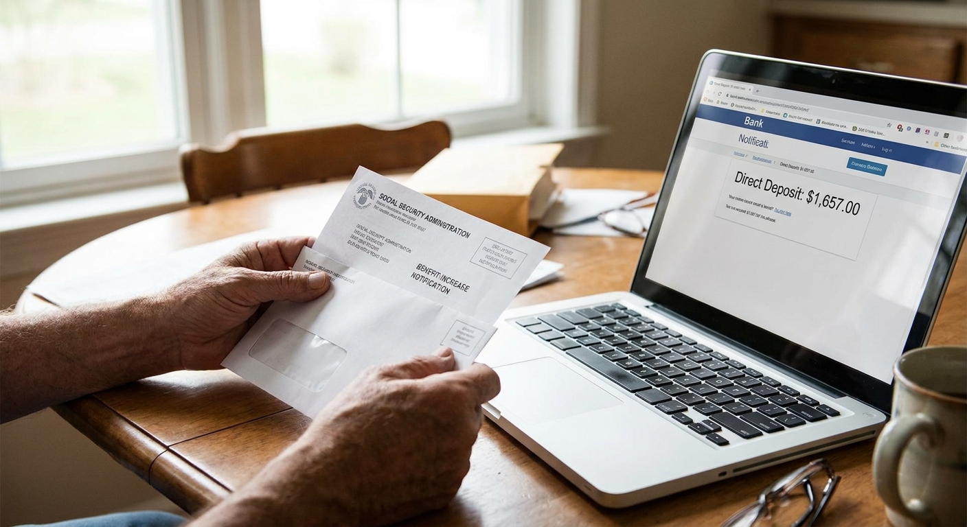 A close-up photo of a person holding a Social Security-related letter at a kitchen table with a laptop open and a bank deposit notification visible, natural light, realistic photography