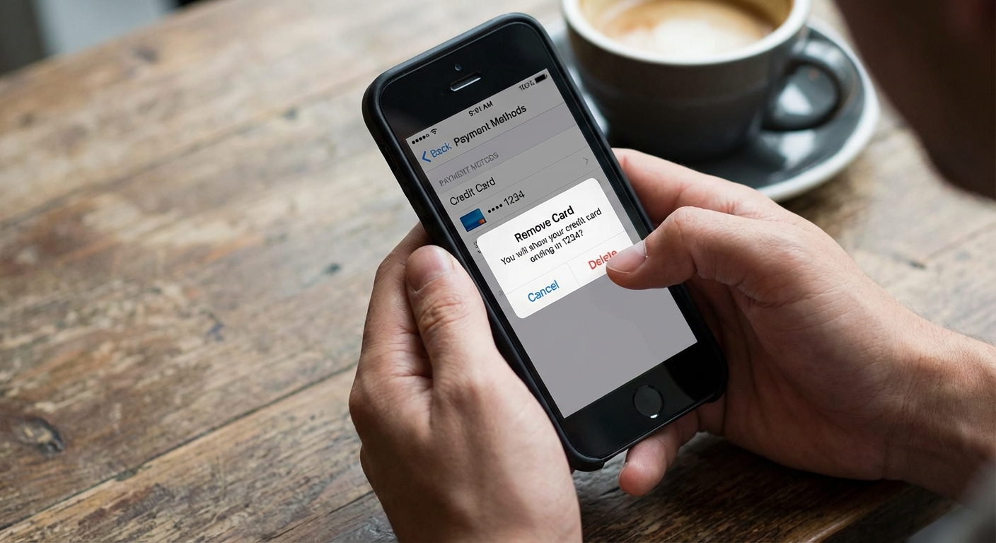A close-up photo of a person holding a smartphone while deleting a saved payment method in a settings screen, realistic indoor photography