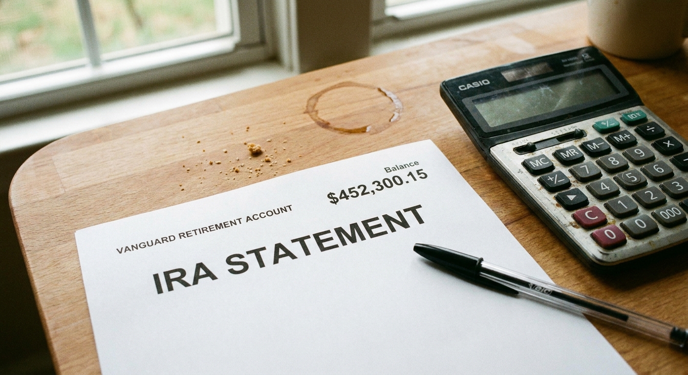 A close-up photo of a retirement account statement on a table next to a calculator and a pen, realistic lighting