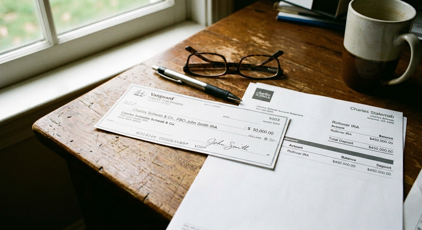 A close-up photo of a retirement distribution check made payable to a brokerage custodian with an account statement on a desk