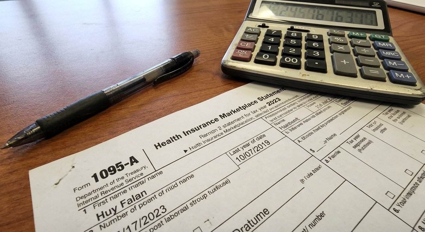 A close-up photo of an IRS Form 1095-A on a desk next to a pen and a calculator, realistic office lighting