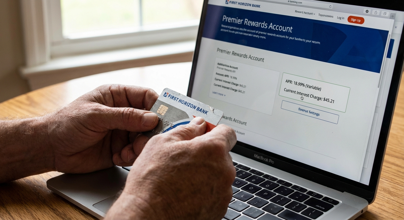 A close-up photo of an adult's hands holding a credit card while viewing an online account page on a laptop, focusing on the interest rate section, natural indoor lighting