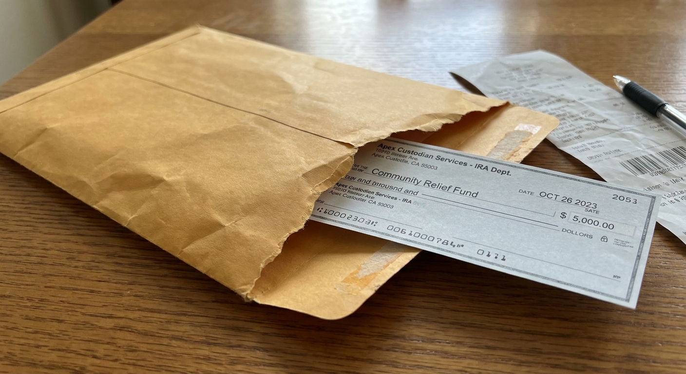 A close-up photo of an envelope opened on a table with a check from an IRA custodian made payable to a charitable organization, realistic photo