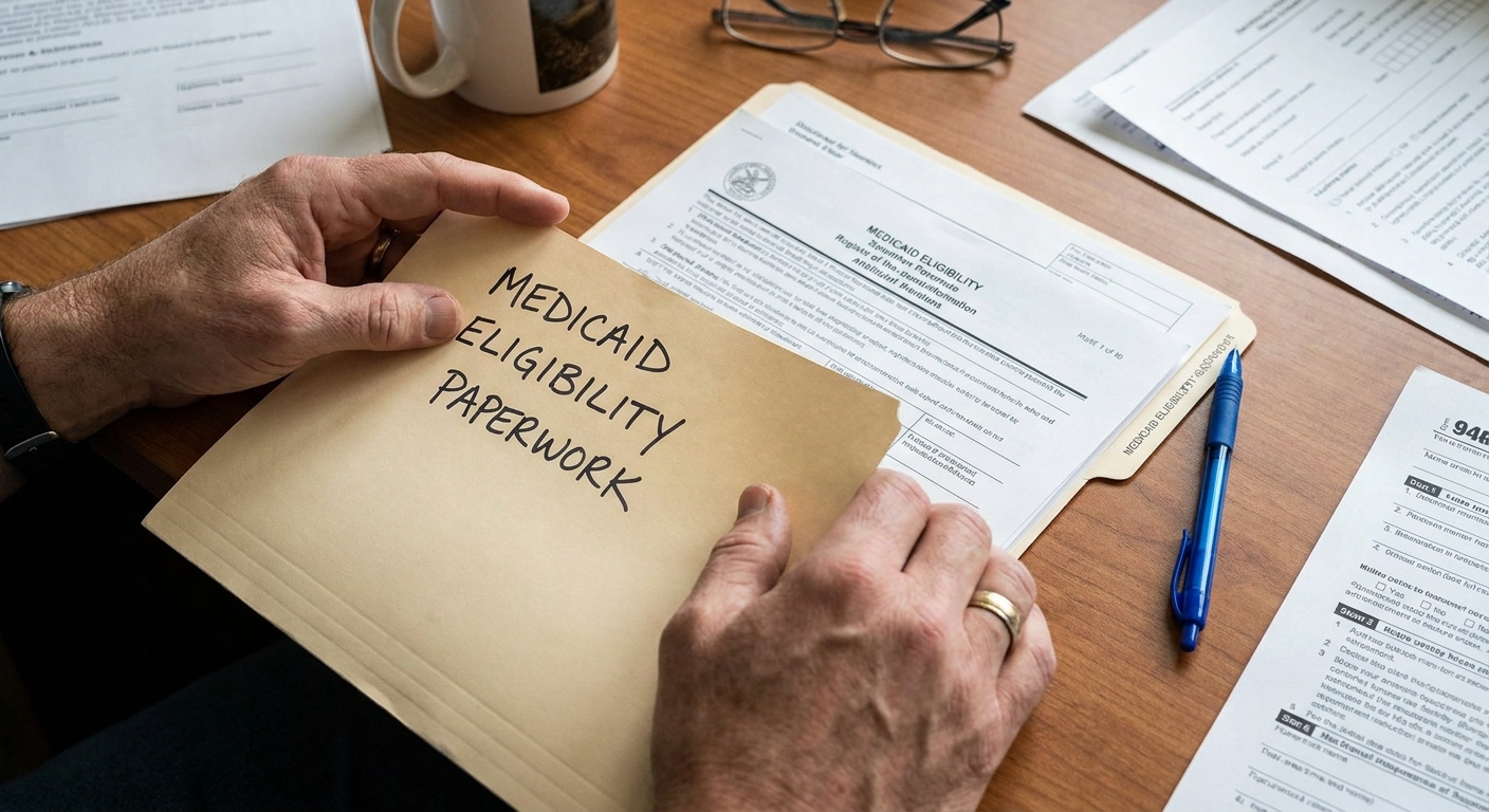 A close-up photo of hands holding a folder with Medicaid eligibility paperwork and a pen on a desk, realistic photo