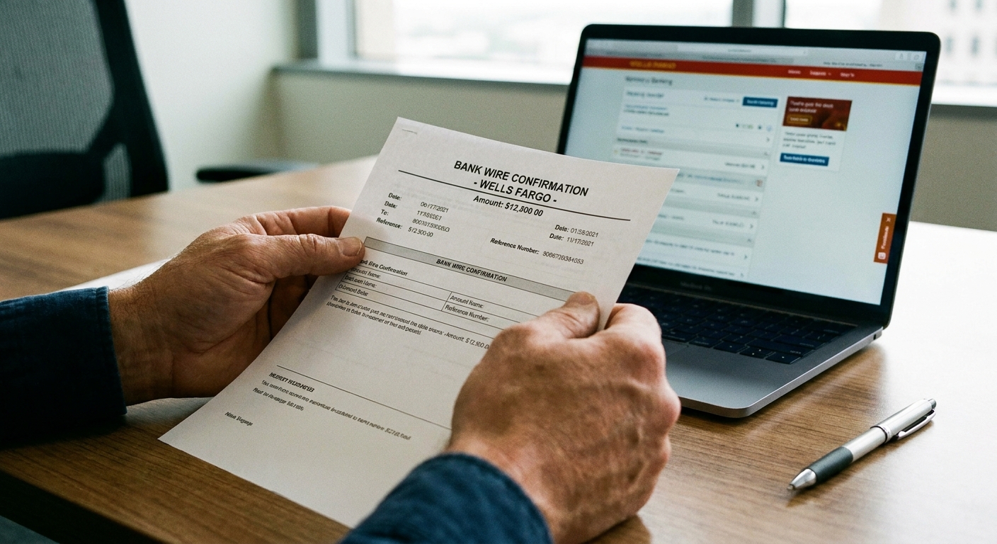 A close-up photo of hands holding a printed bank wire confirmation form on a desk next to a laptop, realistic office lighting