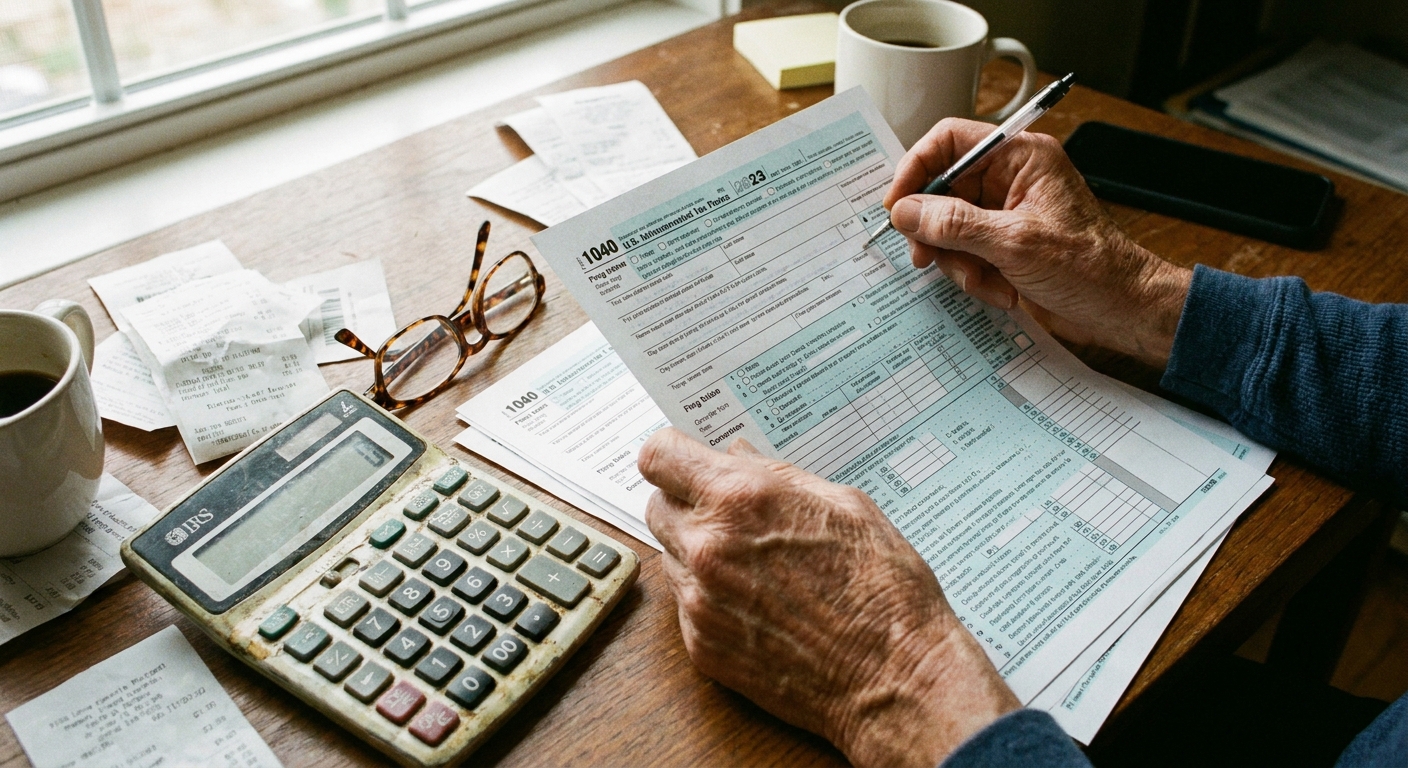 A close-up photo of hands reviewing a printed IRS Form 1040 with a calculator and reading glasses on a desk, realistic photo