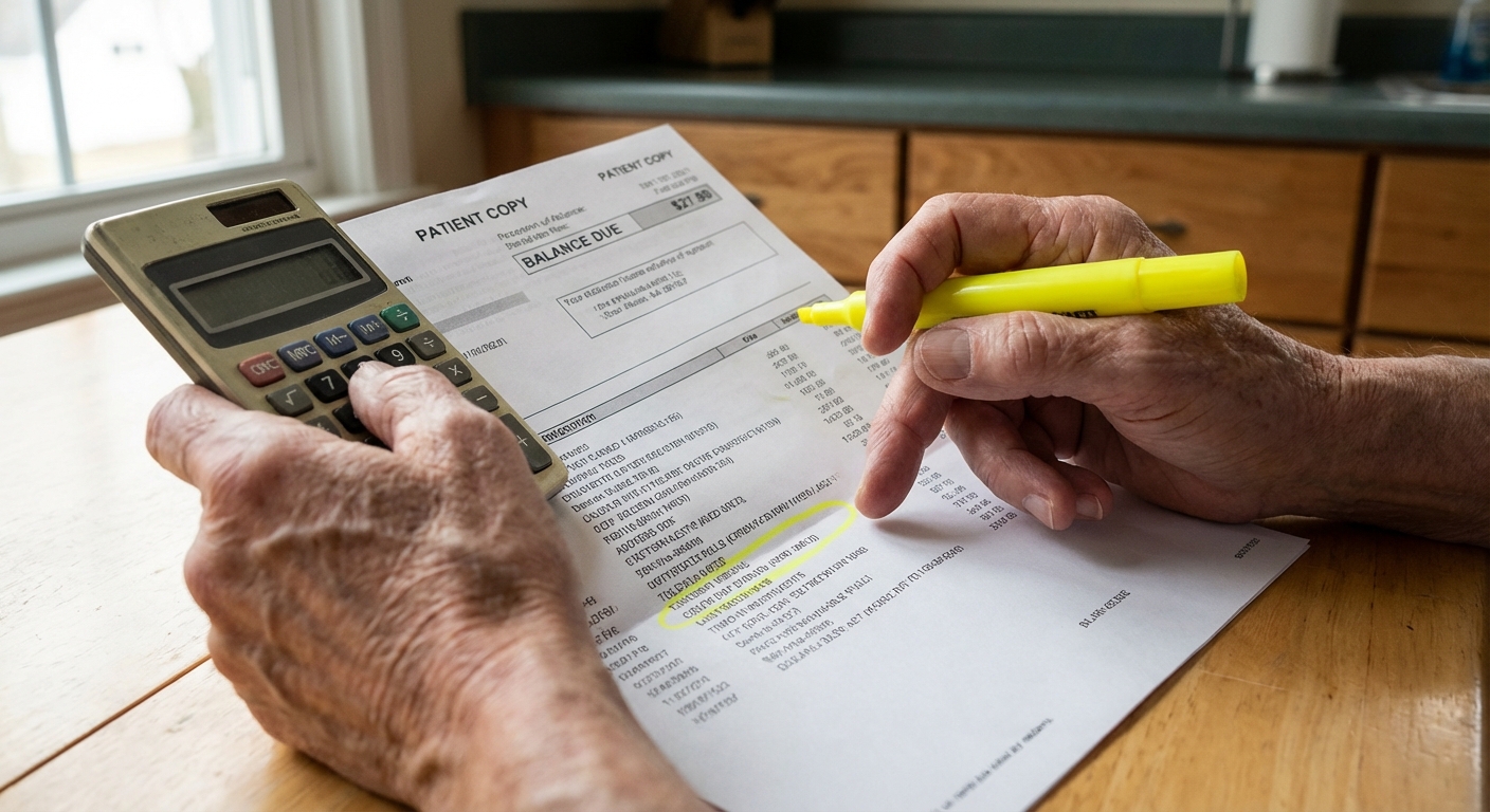 A close-up photo of hands reviewing an itemized medical bill with a highlighter and a calculator on a table, realistic photography