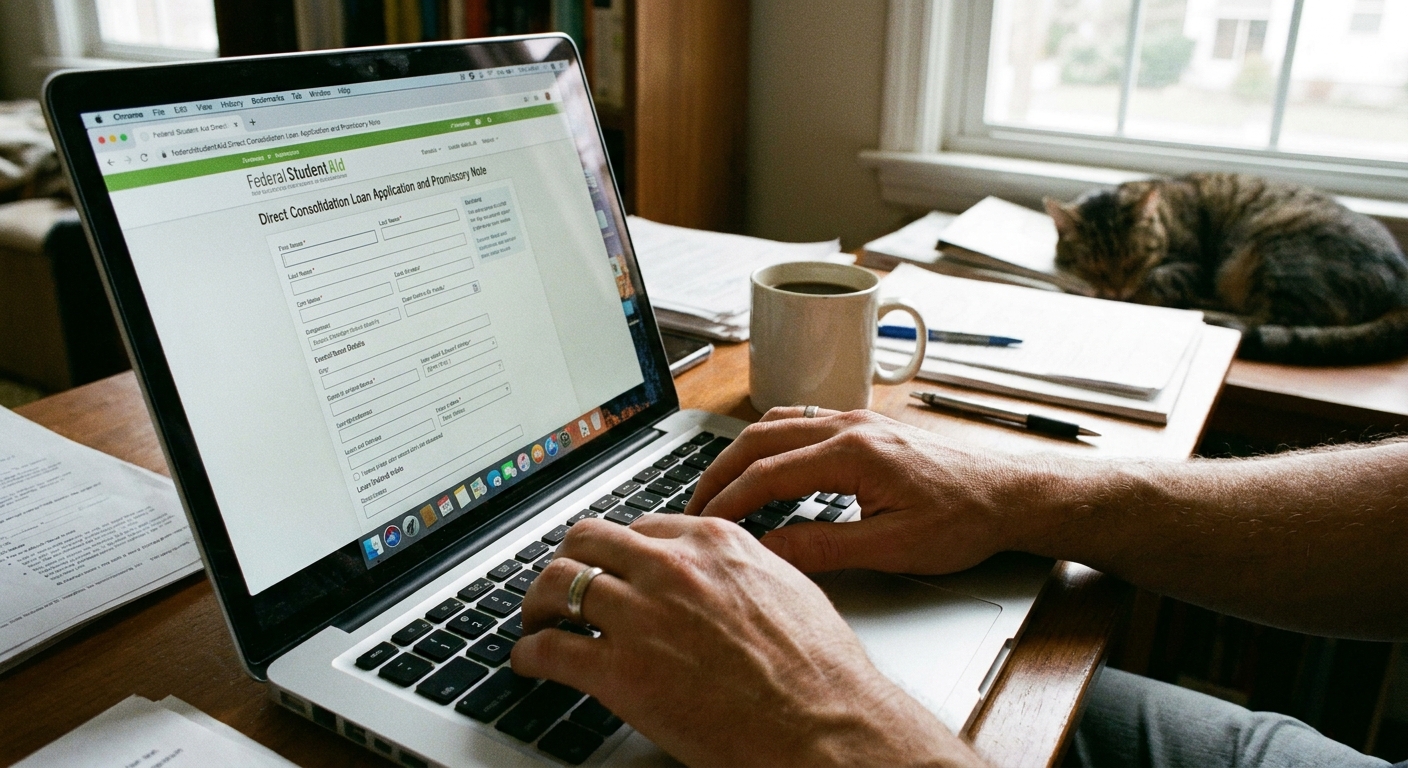 A close-up photo of hands typing on a laptop with a federal student loan consolidation form open on screen, realistic home office setting