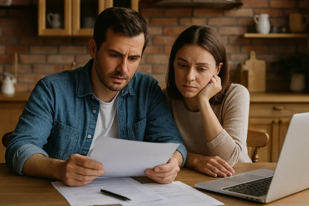 A close-up photo of mortgage paperwork and a calculator on a kitchen table, with a person’s hands reviewing the documents