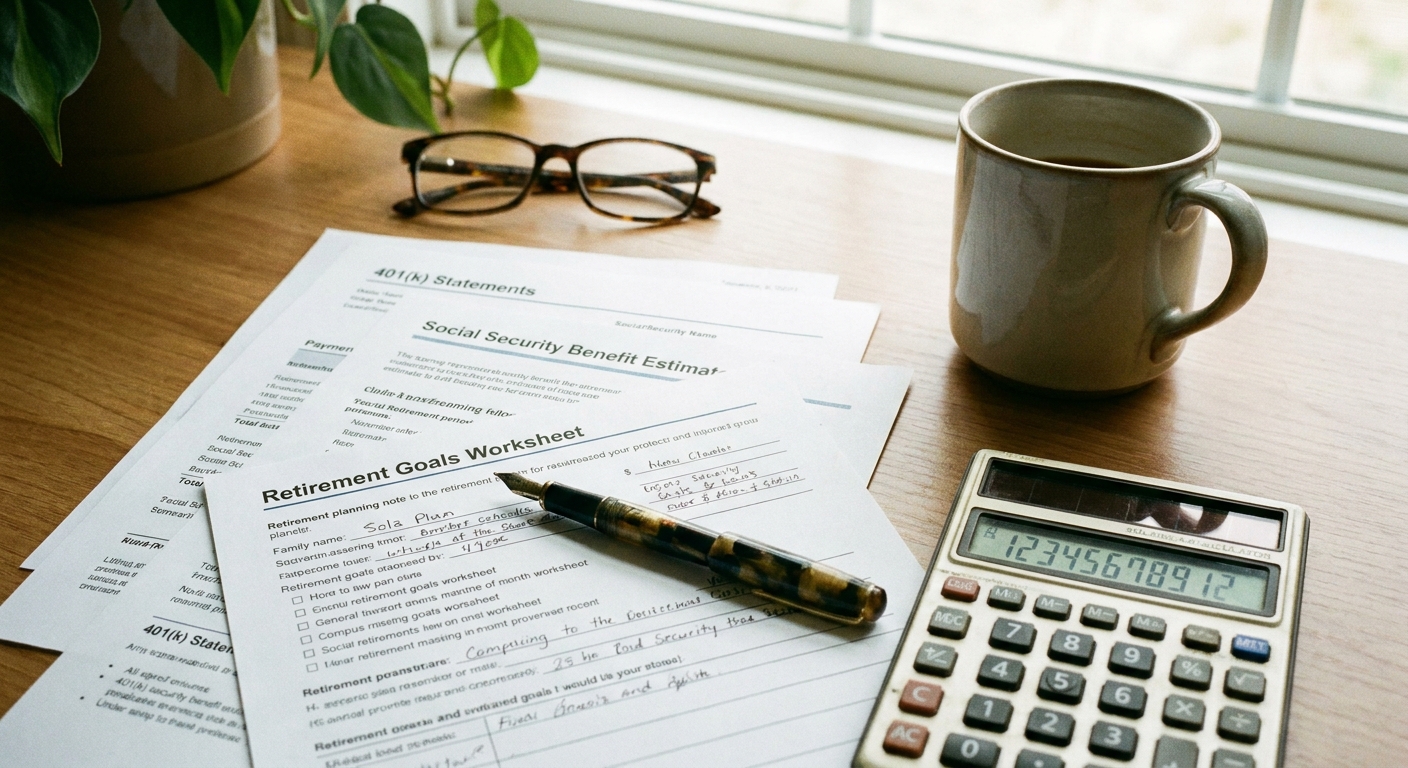 A close-up photo of retirement planning documents, a pen, and a calculator on a tidy desk in natural window light, realistic photography