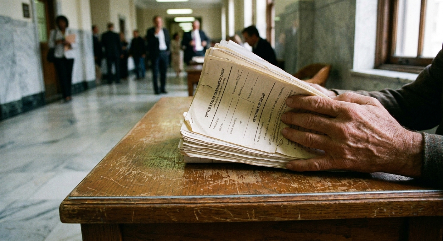 A close-up photograph of a person’s hands holding a stack of bankruptcy court paperwork on a wooden table, with a courthouse hallway softly blurred in the background