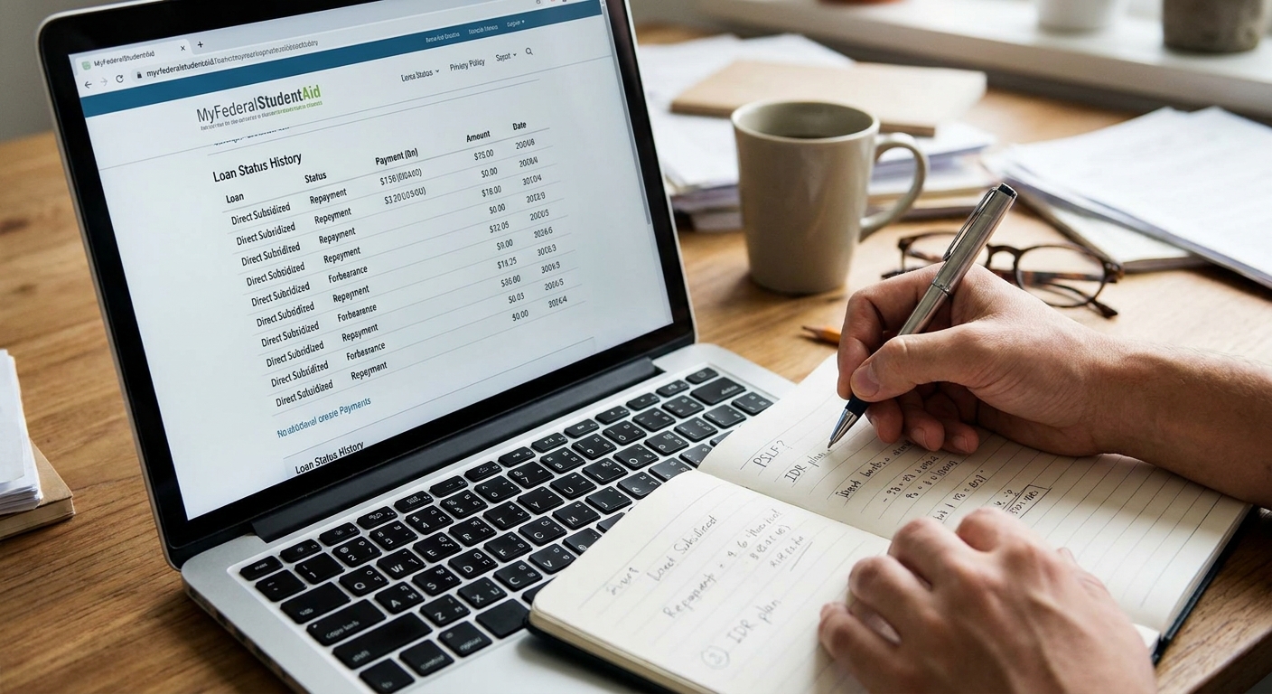 A close-up real-life photograph of a laptop displaying a borrower’s federal student loan status history page while the borrower takes notes on paper