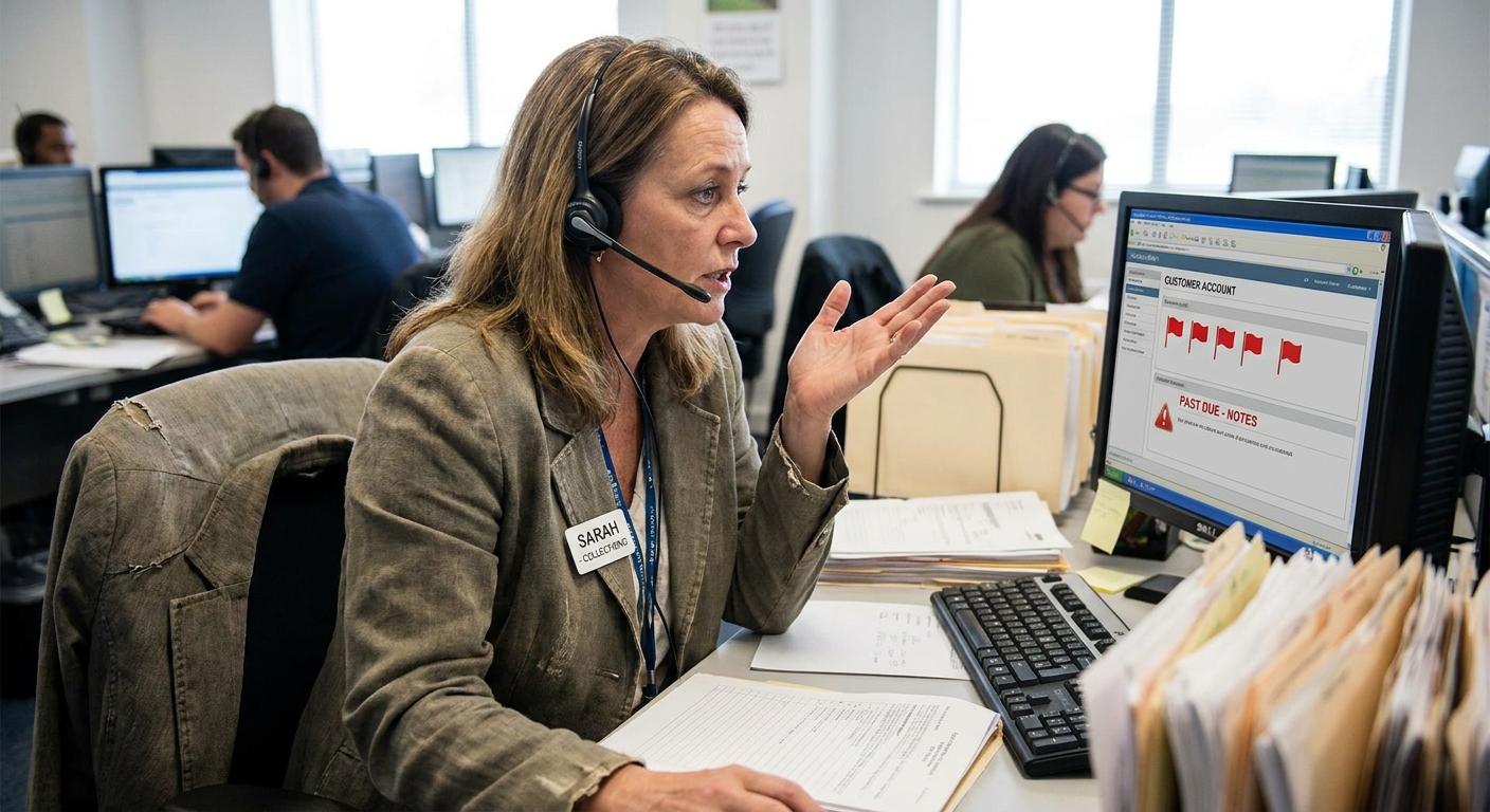 A collections employee in an office speaking on a phone while reviewing account notes on a computer monitor, realistic photo