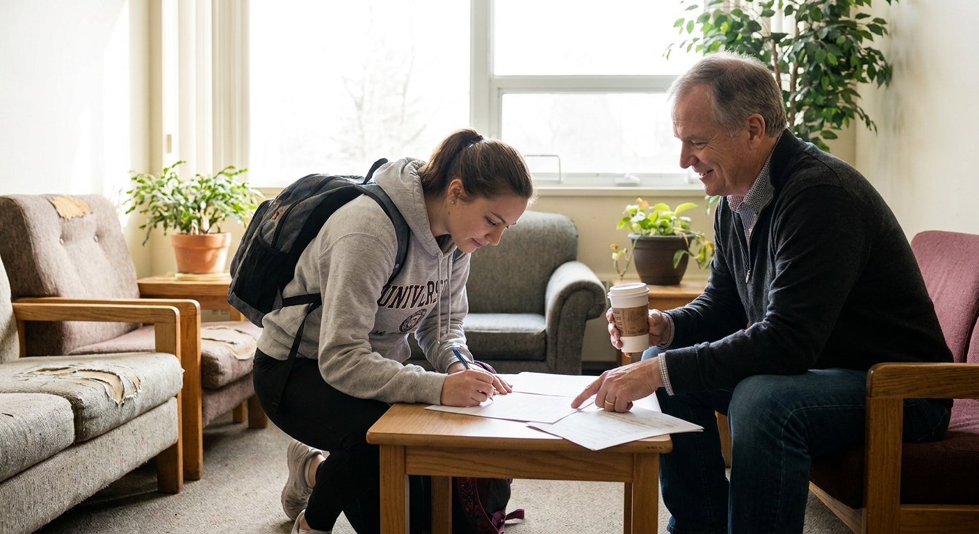 A college student signing an apartment lease at a small table with a parent nearby, natural light, realistic photography