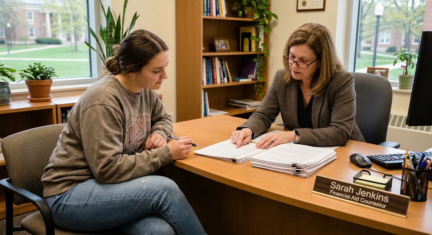 A college student sitting across from a financial aid counselor in a campus office, reviewing paperwork together in a calm, professional setting