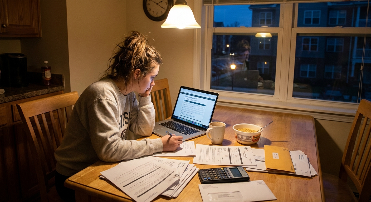 A college student sitting at a kitchen table in the evening, filling out financial aid paperwork on a laptop with documents and a calculator nearby, realistic photo