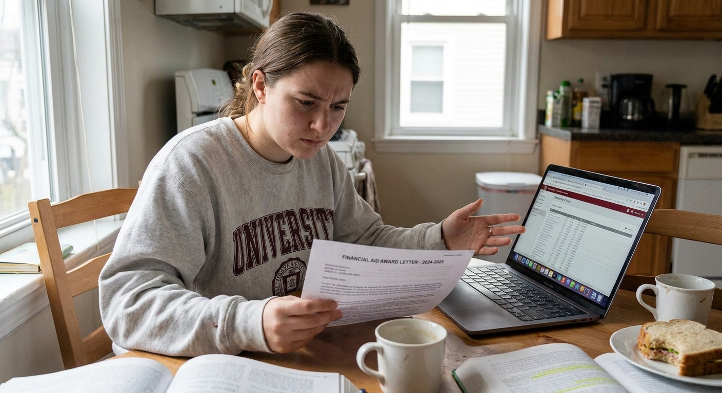 A college student sitting at a kitchen table reviewing a financial aid award letter with a laptop open, realistic indoor photo