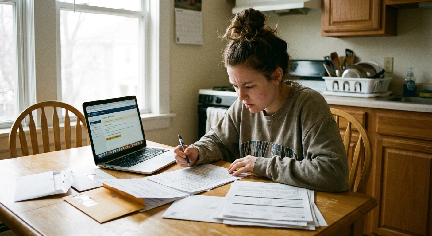 A college student sitting at a kitchen table reviewing financial aid paperwork with a laptop open, natural indoor light, realistic photo