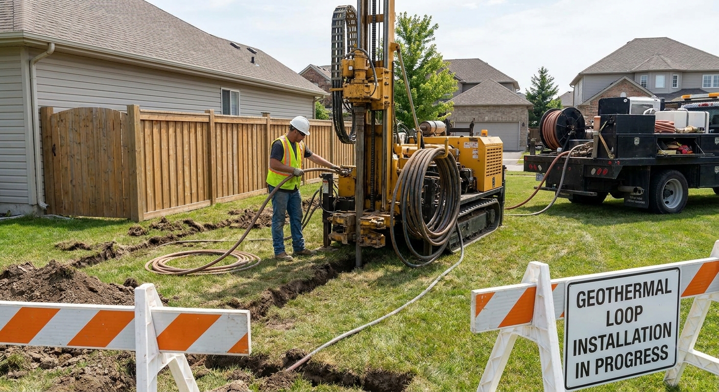 A contractor operating drilling equipment in a suburban backyard for a geothermal heat pump loop installation, real photo