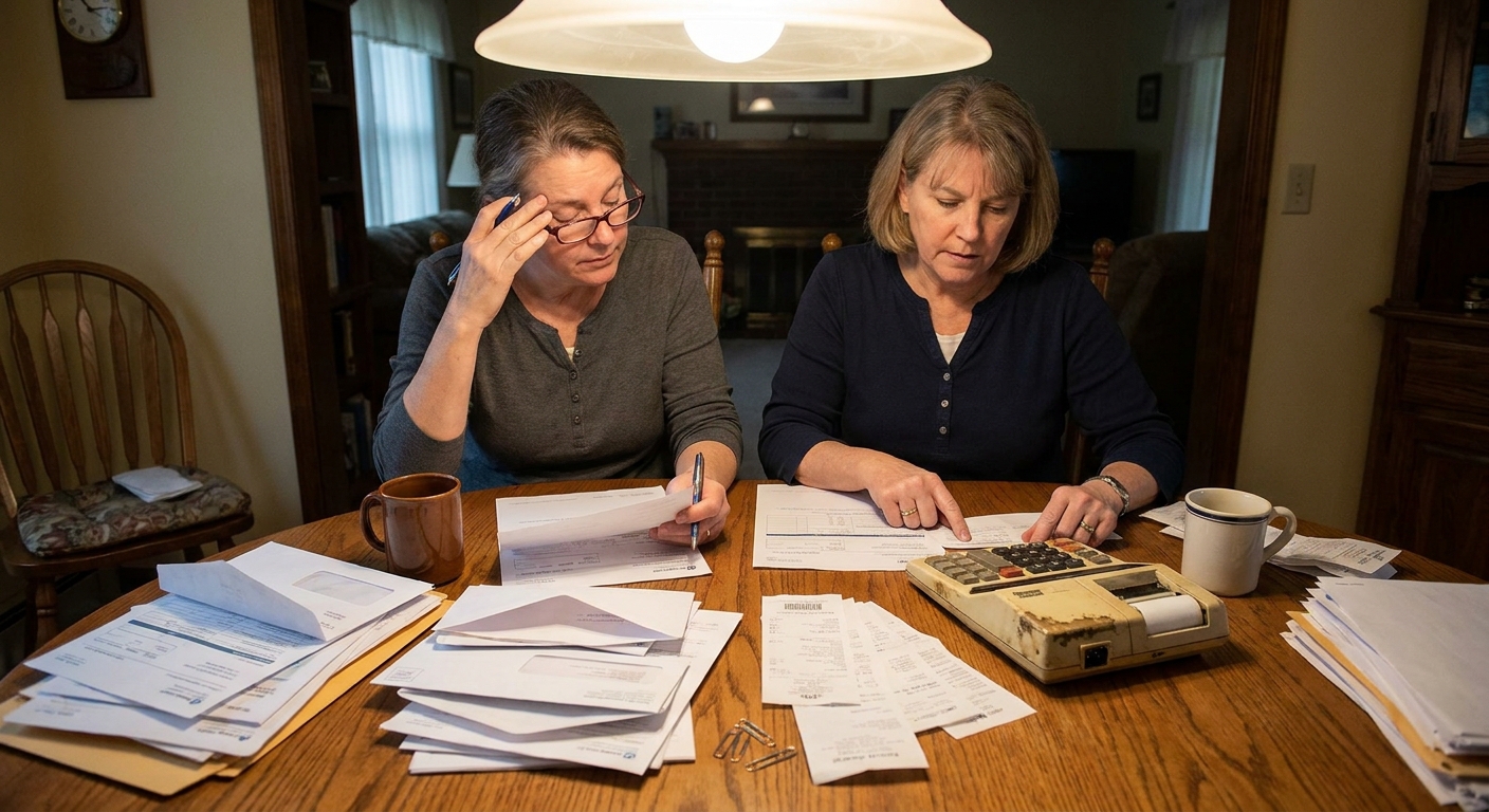 A couple at a dining table sorting medical bills and insurance paperwork with a calculator nearby, realistic photo