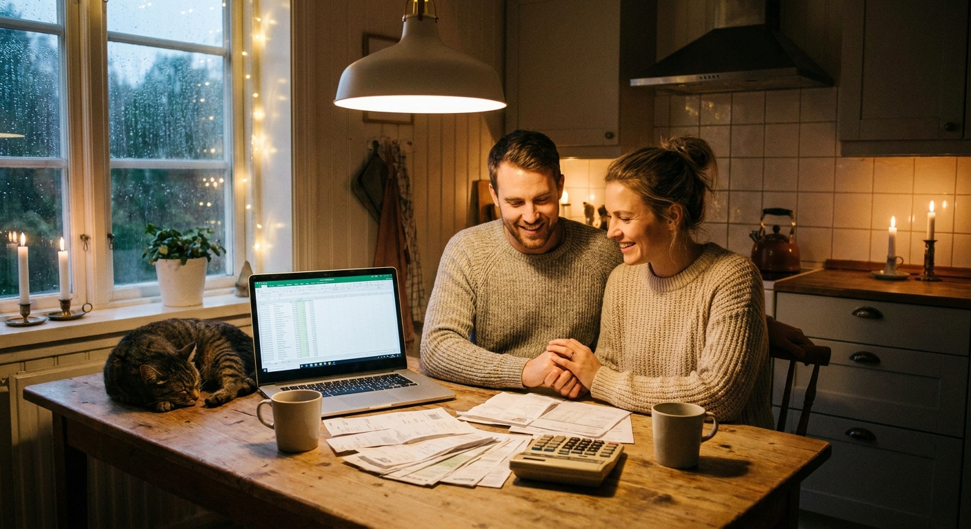 A couple at a kitchen table reviewing a household budget with a laptop, papers, and a calculator, cozy evening indoor photo