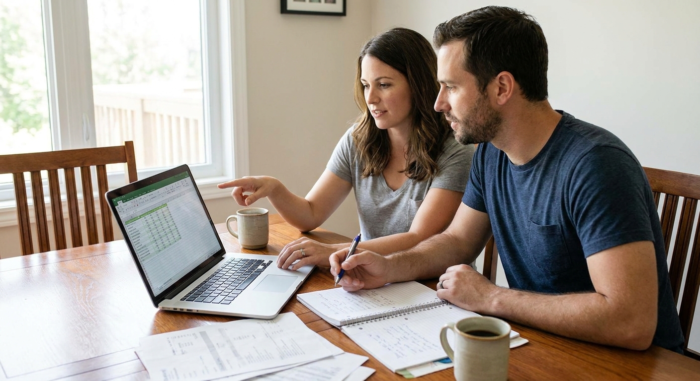 A couple reviewing a household budget on a laptop at a dining table with a notebook and coffee mugs, candid realistic photo