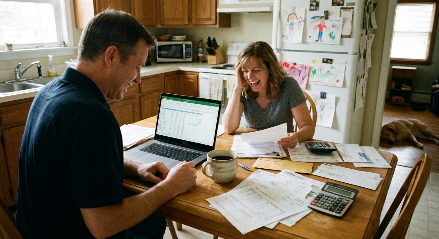 A couple reviewing household bills and paperwork at a kitchen table with a laptop and a cup of coffee, candid real-life photography style