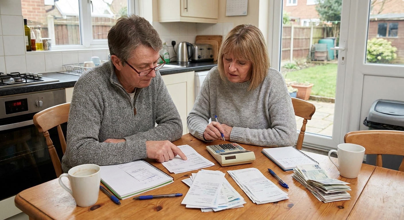 A couple reviewing household budget paperwork and a calculator at a kitchen table, everyday candid photo