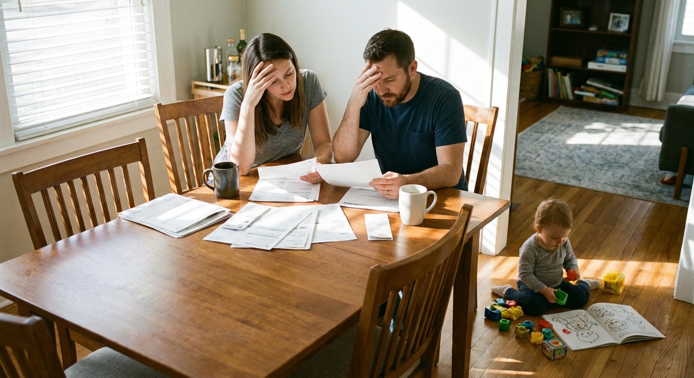 A couple reviewing household paperwork at a dining room table with a toddler nearby, candid home photo